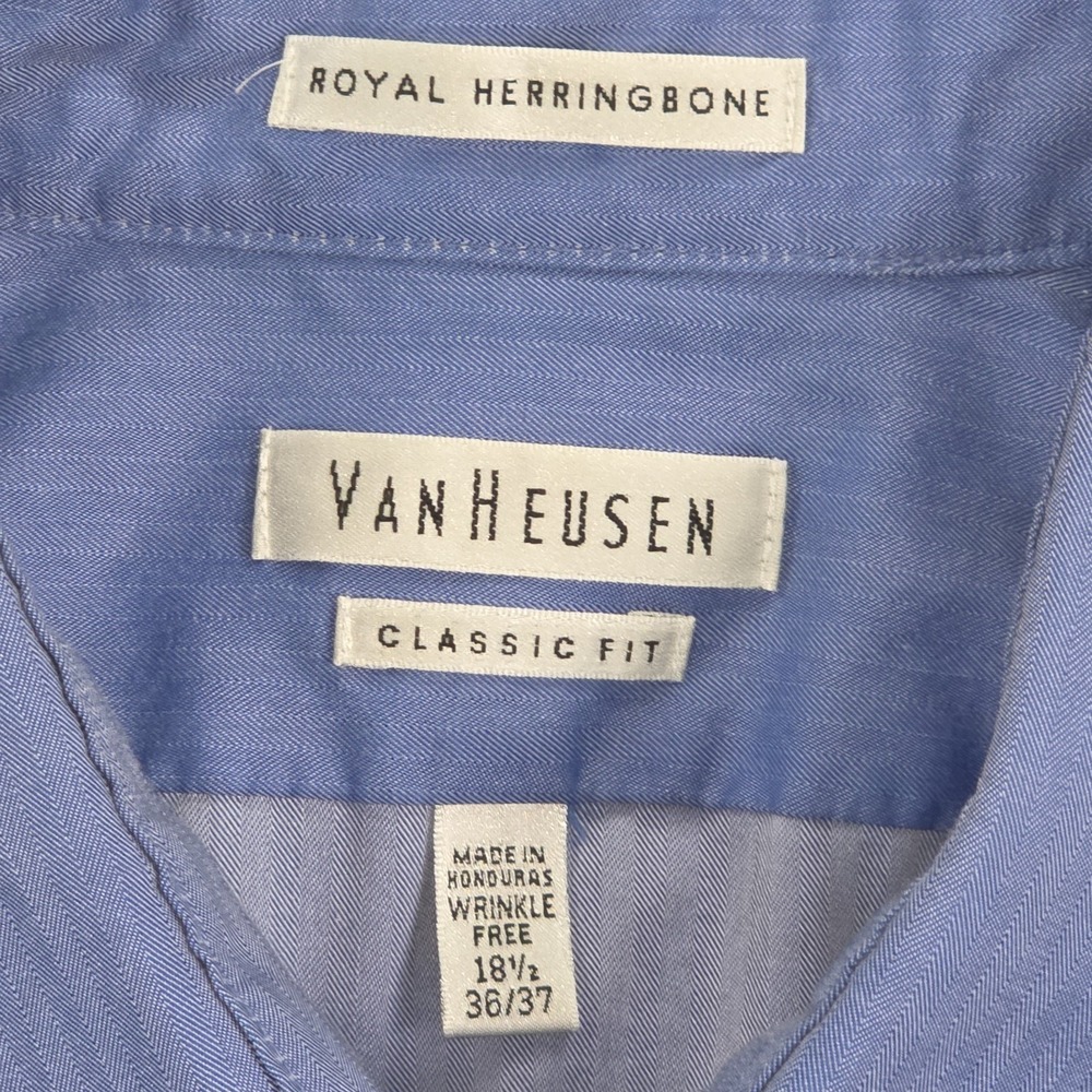 VAN HEUSEN Royal Herringbone Blue Size 2XL 18.5 36/37 Button Down Regular Fit - Picture 2 of 6
